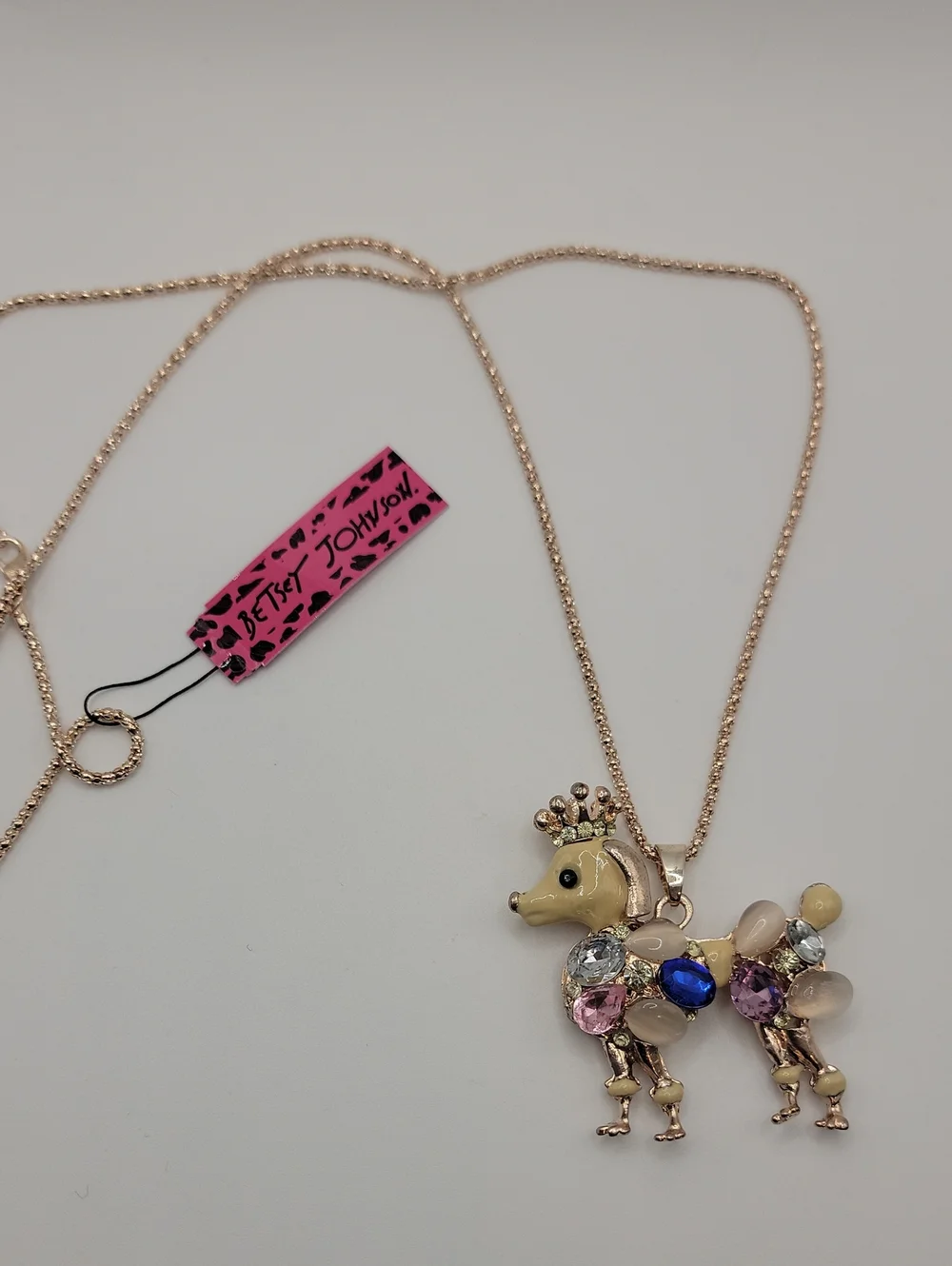 Betsey Johnson Gold-Tone Jeweled Poodle Pendant Necklace - Pink/Blue/White